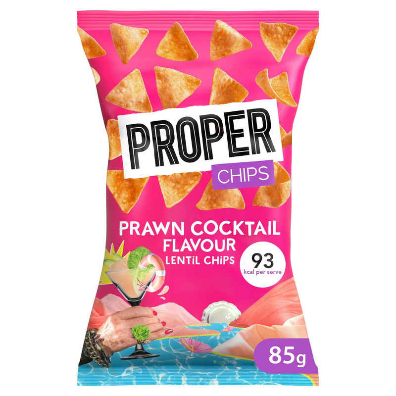Proper Prawn Cocktail Lentil Chips, 85g, front of pack, available at crisps.biz