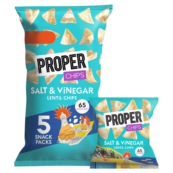 Proper Salt and Vinegar Lentil Chips, 5 x 14g, front of pack, available at crisps.biz