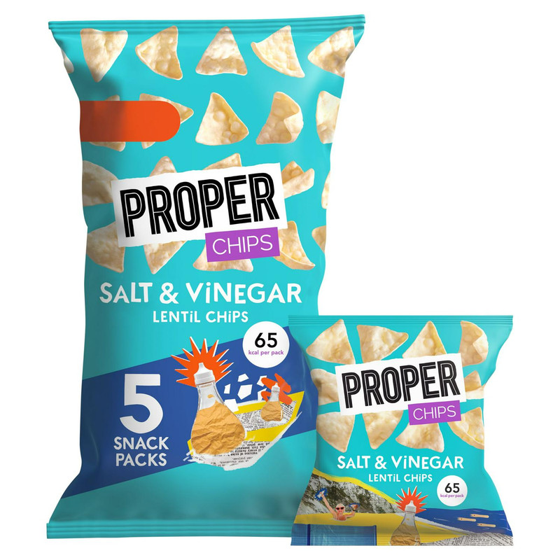 Proper Salt and Vinegar Lentil Chips, 5 x 14g, front of pack, available at crisps.biz