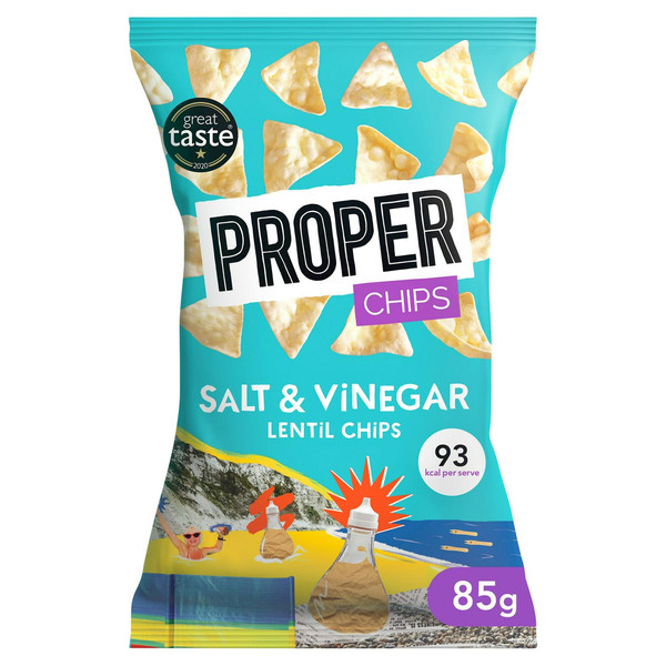 Proper Salt and Vinegar Lentil Chips, 85g, front of pack, available at crisps.biz
