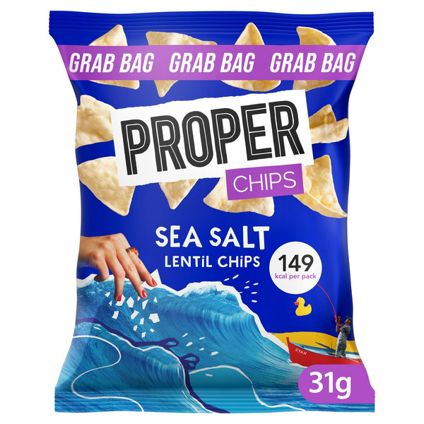 Proper Sea Salt Lentil Chips, 31g, front of pack, available at crisps.biz
