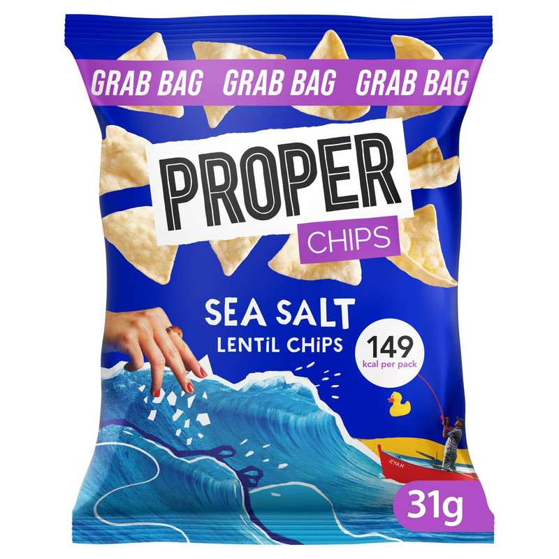 Proper Sea Salt Lentil Chips, 31g, front of pack, available at crisps.biz