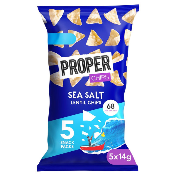 Proper Sea Salt Lentil Chips, 5 x 14g, front of pack, available at crisps.biz