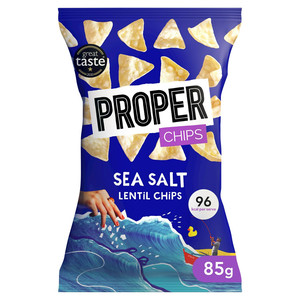 Proper Sea Salt Lentil Chips, 85g, front of pack, available at crisps.biz