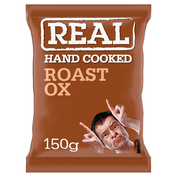 Real Handcooked Roast Ox Crisps, 150g, front of pack, available at crisps.biz