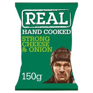 Real Handcooked Strong Cheese and Onion Potato Crisps, 150g, front of pack, available at crisps.biz