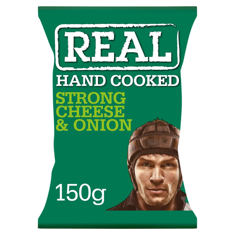 Real Handcooked Strong Cheese and Onion Potato Crisps, 150g, front of pack, available at crisps.biz