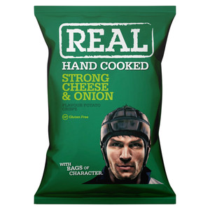 Real Handcooked Strong Cheese and Onion Potato Crisps, 150g, pack shot 2, available at crisps.biz