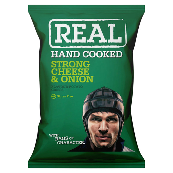 Real Handcooked Strong Cheese and Onion Potato Crisps, 150g, pack shot 2, available at crisps.biz