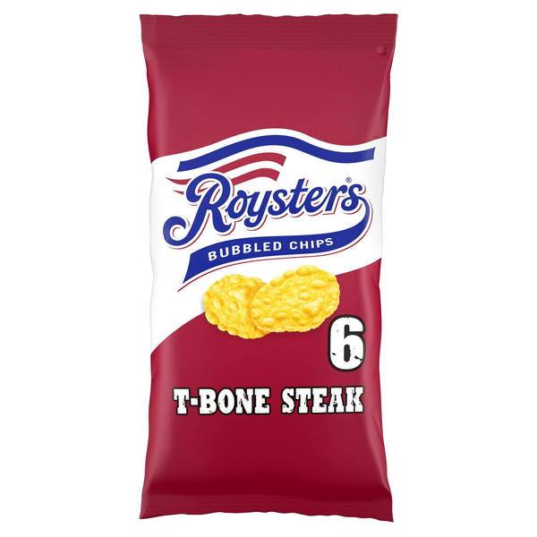 Roysters T-Bone Steak Bubbled Chips, 6 x 21g, front of pack, available at crisps.biz