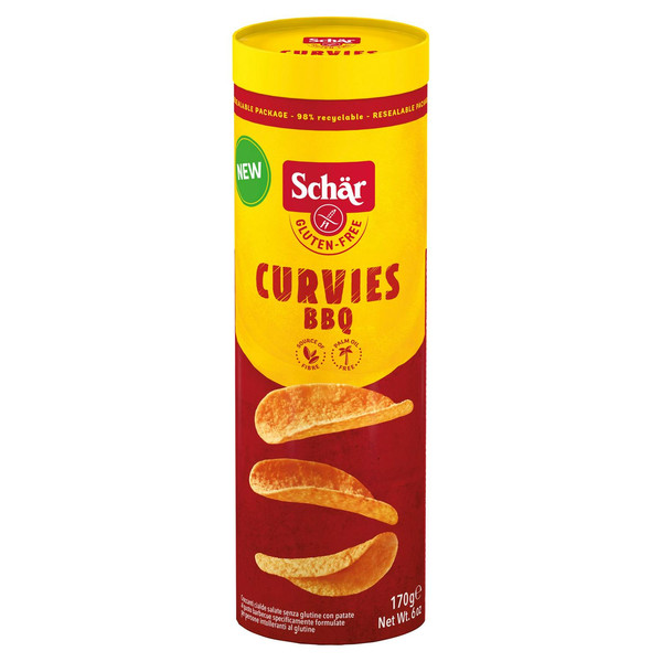 Schär Gluten Free BBQ Curvies, 170g, front of pack, available at crisps.biz