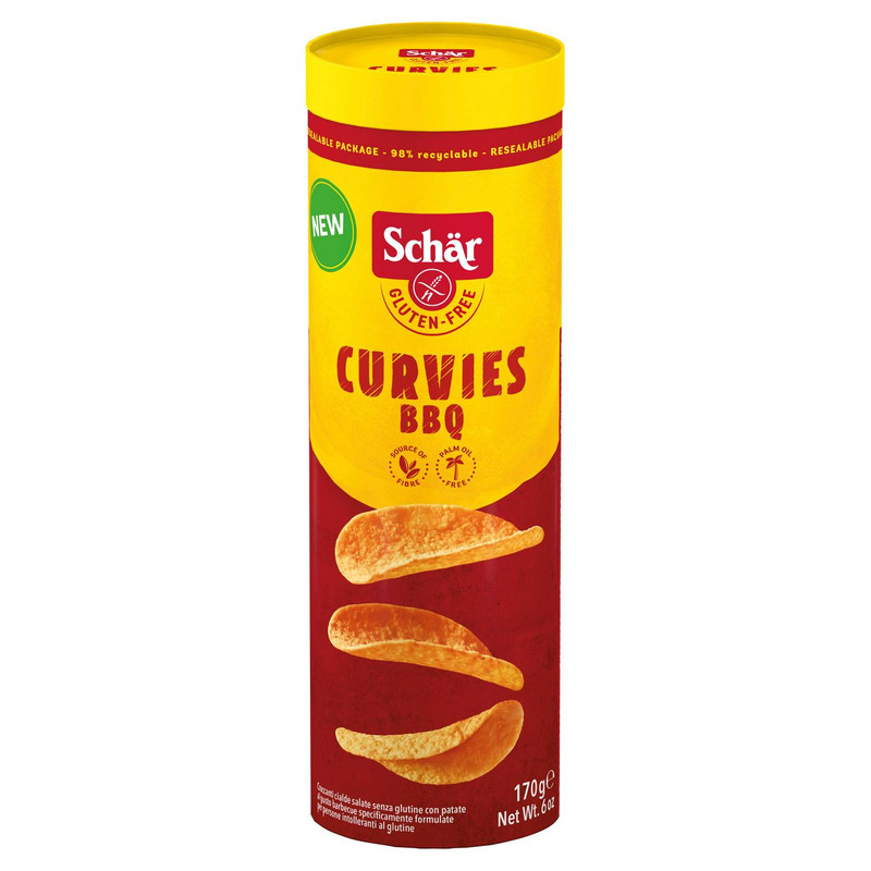 Schär Gluten Free BBQ Curvies, 170g, front of pack, available at crisps.biz