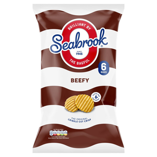 Seabrook Crinkle Cut Beefy Crisps, 6 x 25g, front of pack, available at crisps.biz