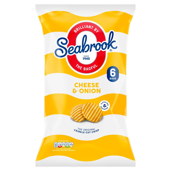 Seabrook Crinkle Cut Cheese and Onion Crisps, 6 x 25g, front of pack, available at crisps.biz