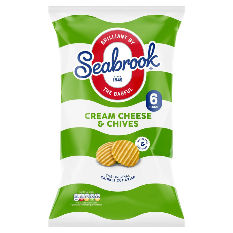 Seabrook Crinkle Cut Cream Cheese and Chives Crisps, 6 x 25g, front of pack, available at crisps.biz