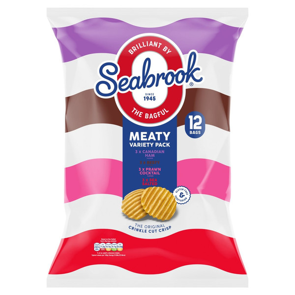 Seabrook Crinkle Cut Meaty Variety Crisps, 12 x 25g, front of pack, available at crisps.biz