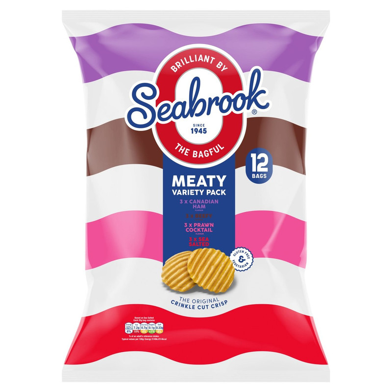 Seabrook Crinkle Cut Meaty Variety Crisps, 12 x 25g, front of pack, available at crisps.biz