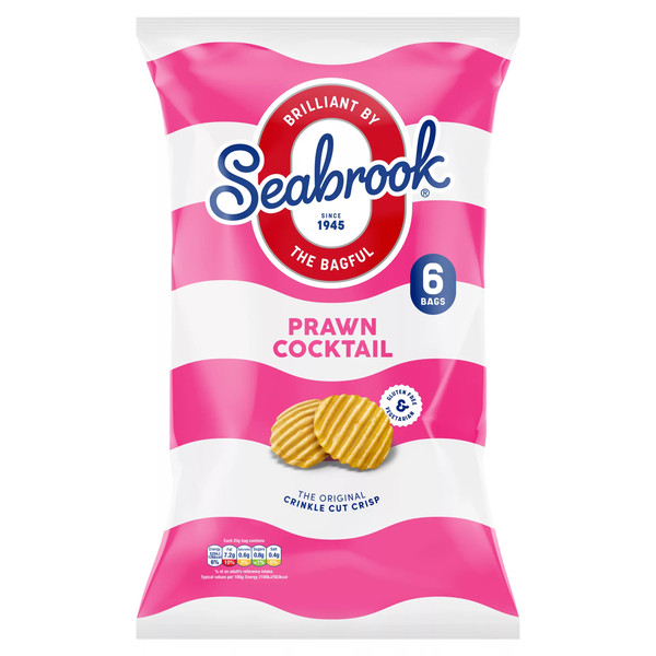 Seabrook Crinkle Cut Prawn Cocktail Crisps, 6 x 25g, front of pack, available at crisps.biz