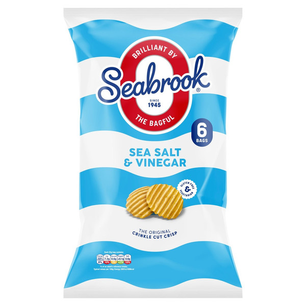 Seabrook Crinkle Cut Salt and Vinegar Crisps, 6 x 25g, front of pack, available at crisps.biz