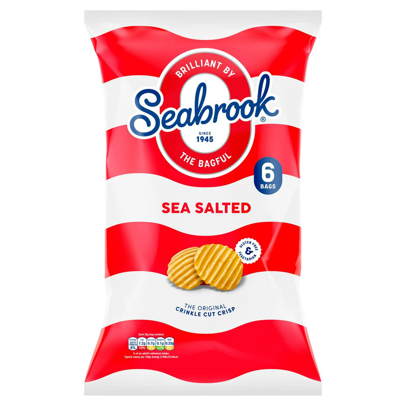 Seabrook Crinkle Cut Sea Salted Crisps, 6 x 25g, front of pack, available at crisps.biz