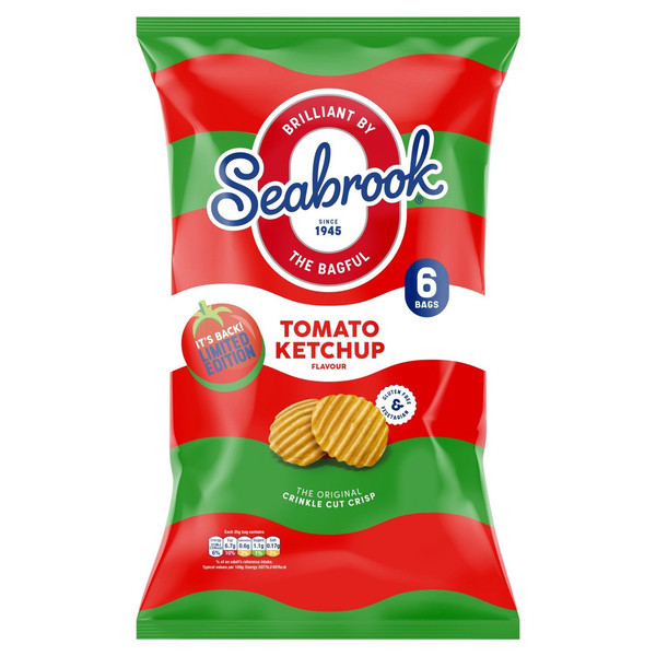 Seabrook Crinkle Cut Tomato Ketchup Crisps, 6 x 25g, front of pack, available at crisps.biz