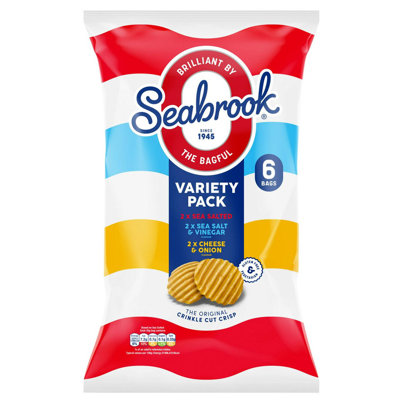 Seabrook Crinkle Cut Variety Crisps, 6 x 25g, front of pack, available at crisps.biz