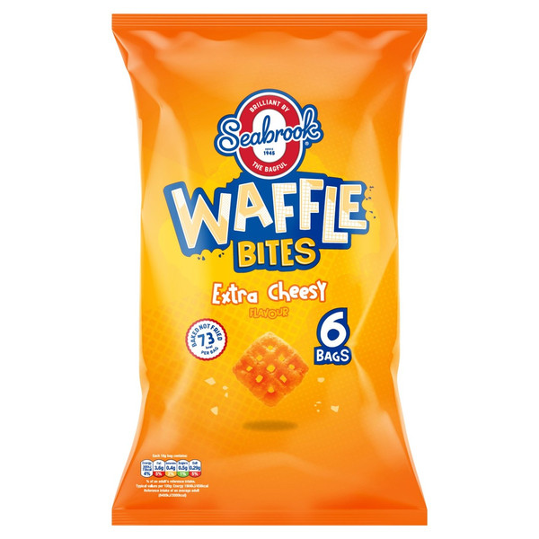 Seabrook Extra Cheesy Waffle Bites, 6 x 16g, front of pack, available at crisps.biz