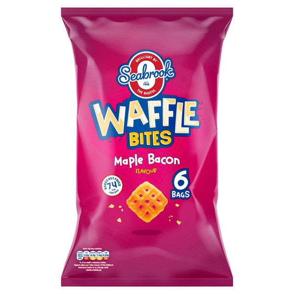 Seabrook Maple Bacon Waffle Bites, 6 x 16g, front of pack, available at crisps.biz