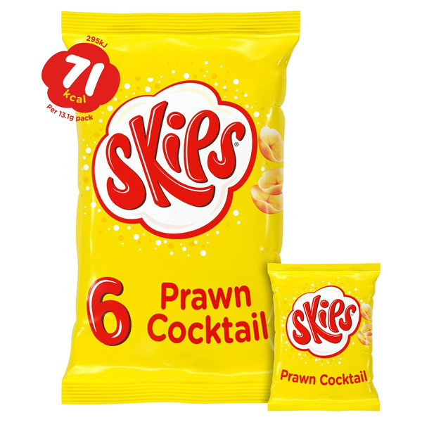 Skips Prawn Cocktail Snacks, 6 x 13.1g, front of pack, available at crisps.biz