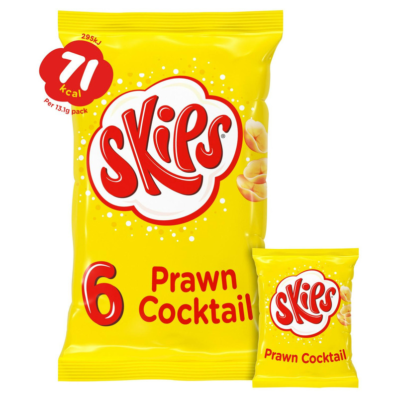 Skips Prawn Cocktail Snacks, 6 x 13.1g, front of pack, available at crisps.biz
