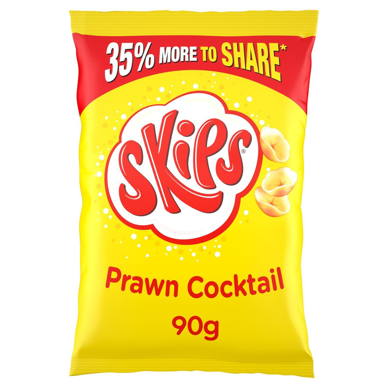 Skips Prawn Cocktail Snacks, 90g, front of pack, available at crisps.biz