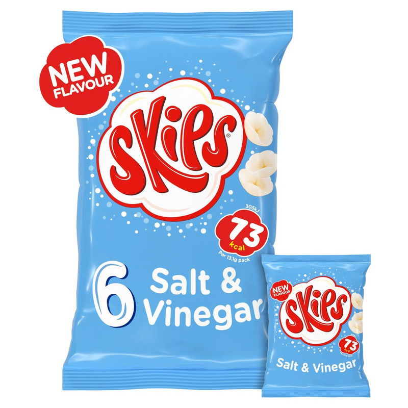 Skips Salt and Vinegar Snacks, 6 x 13g, front of pack, available at crisps.biz