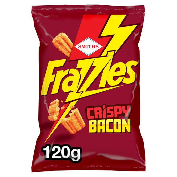Smiths Frazzles Bacon Snacks, 120g, front of pack, available at crisps.biz