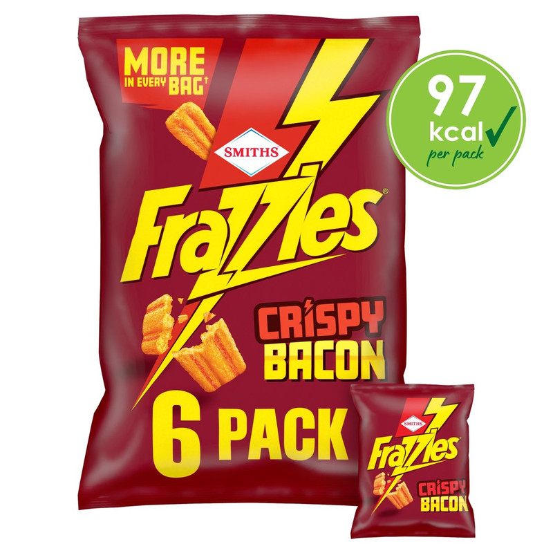 Smiths Frazzles Bacon Snacks, 6 x 20g, front of pack, available at crisps.biz
