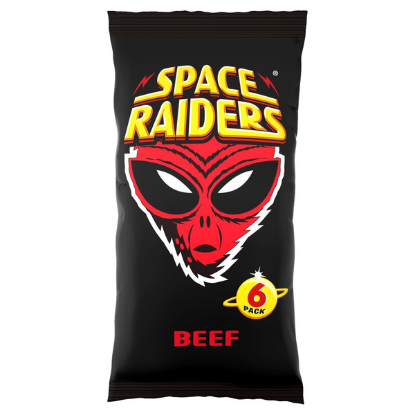 Space Raiders Beef Snacks, 6 x 13g, front of pack, available at crisps.biz