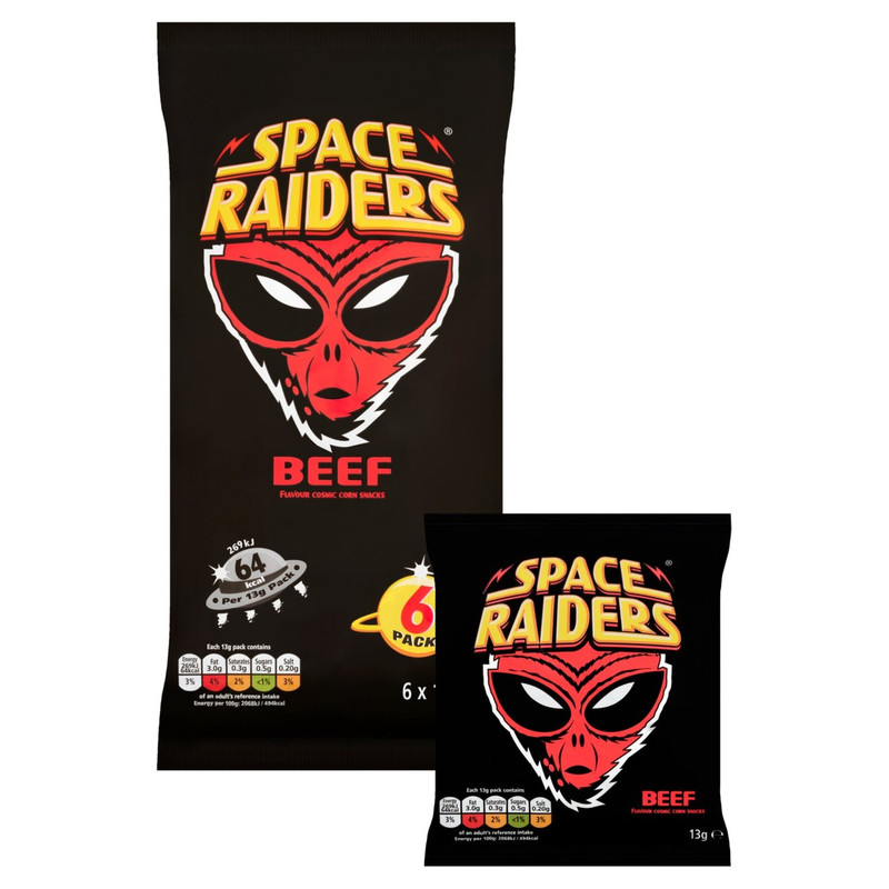 Space Raiders Beef Snacks, 6 x 13g, pack shot 2, available at crisps.biz