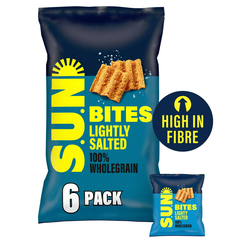 Sunbites Lightly Salted Wholegrain Crisps, 6 x 25g, front of pack, available at crisps.biz