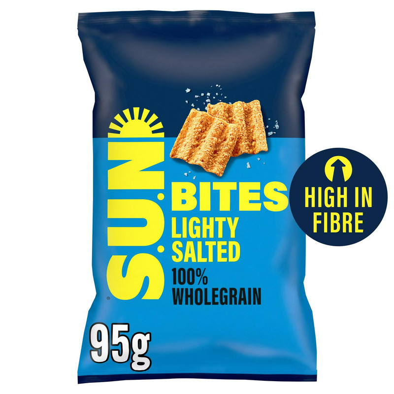Sunbites Lightly Salted Wholegrain Crisps, 95g, front of pack, available at crisps.biz