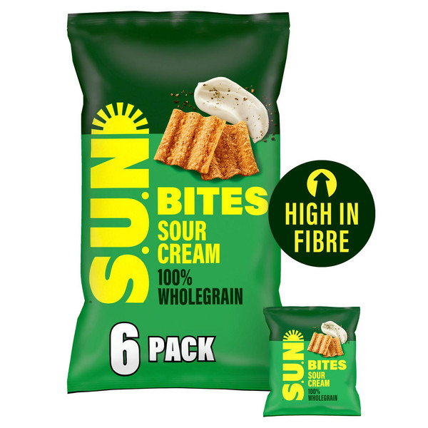 Sunbites Sour Cream and Cracked Black Pepper Wholegrain Crisps, 6 x 25g, front of pack, available at crisps.biz