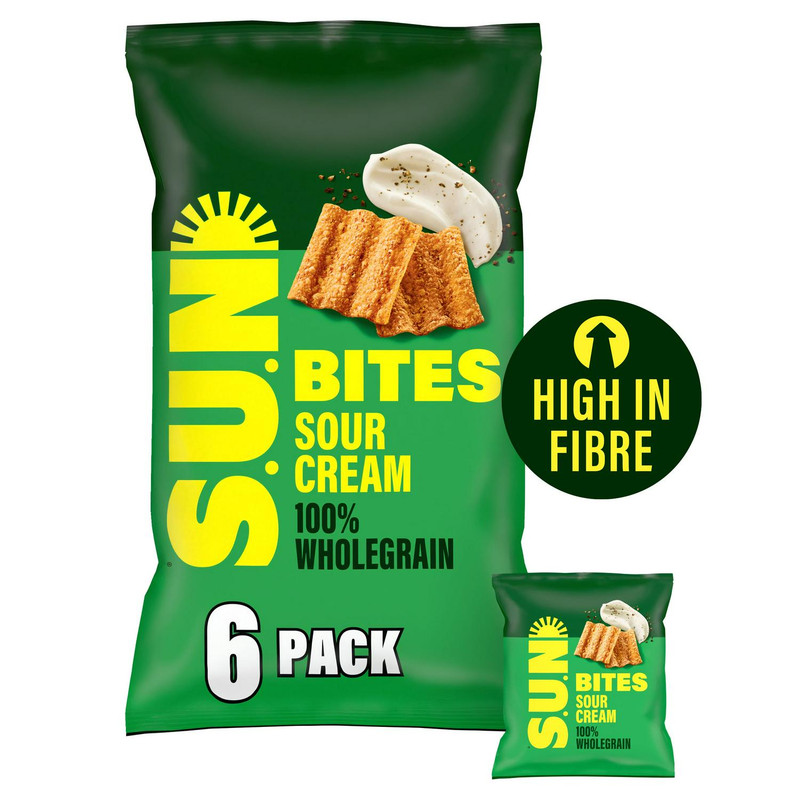 Sunbites Sour Cream and Cracked Black Pepper Wholegrain Crisps, 6 x 25g, front of pack, available at crisps.biz