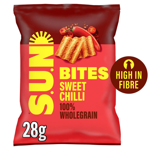 Sunbites Sweet Chilli Wholegrain Crisps, 28g, front of pack, available at crisps.biz