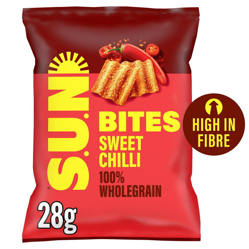 Sunbites Sweet Chilli Wholegrain Crisps, 28g, front of pack, available at crisps.biz