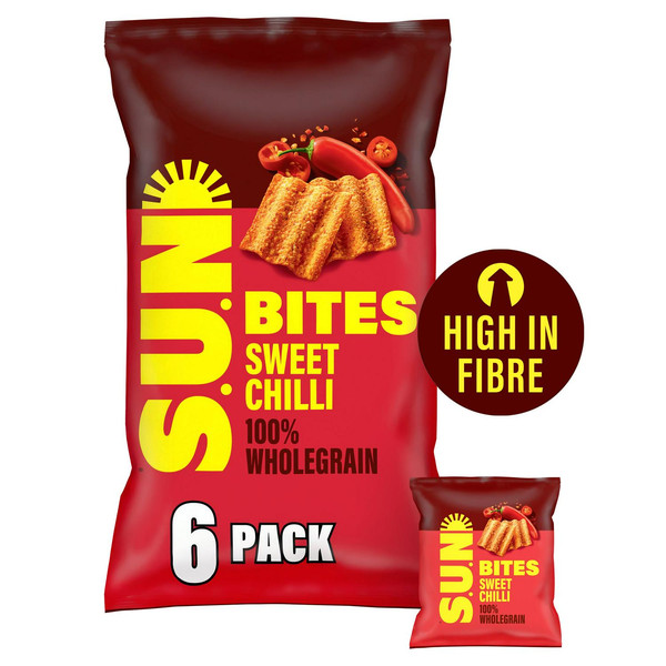 Sunbites Sweet Chilli Wholegrain Crisps, 6 x 25g, front of pack, available at crisps.biz
