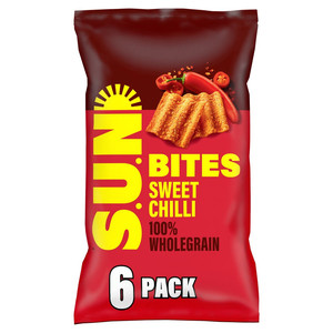 Sunbites Sweet Chilli Wholegrain Crisps, 6 x 25g, pack shot 2, available at crisps.biz
