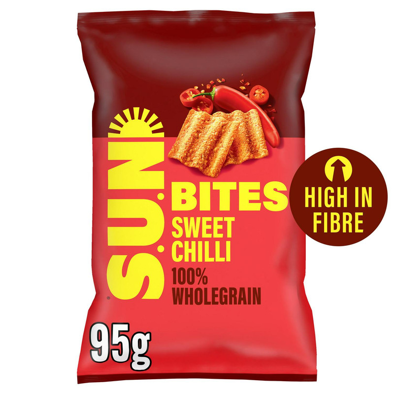 Sunbites Sweet Chilli Wholegrain Crisps, 95g, front of pack, available at crisps.biz