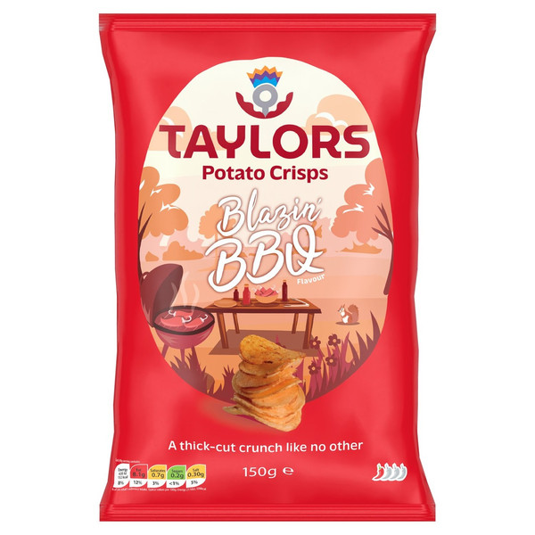 Taylors Blazin BBQ Potato Crisps, 150g, front of pack, available at crisps.biz