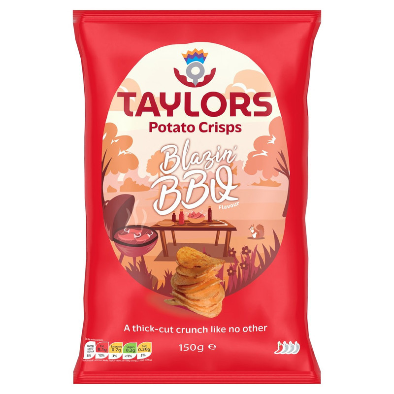 Taylors Blazin BBQ Potato Crisps, 150g, front of pack, available at crisps.biz