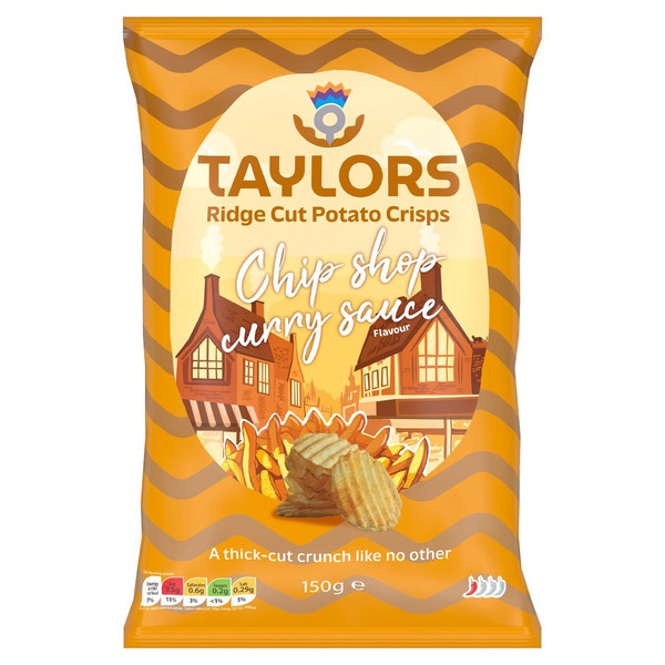 Taylors Chip Shop Curry Sauce Ridge Cut Potato Crisps, 150g, front of pack, available at crisps.biz