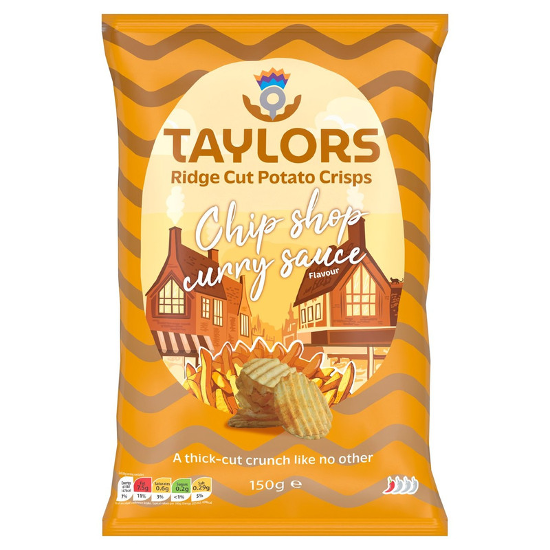 Taylors Chip Shop Curry Sauce Ridge Cut Potato Crisps, 150g, front of pack, available at crisps.biz