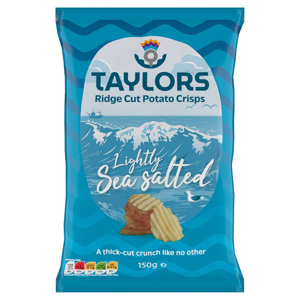 Taylors Lightly Sea Salted Ridge Cut Potato Crisps, 150g, front of pack, available at crisps.biz